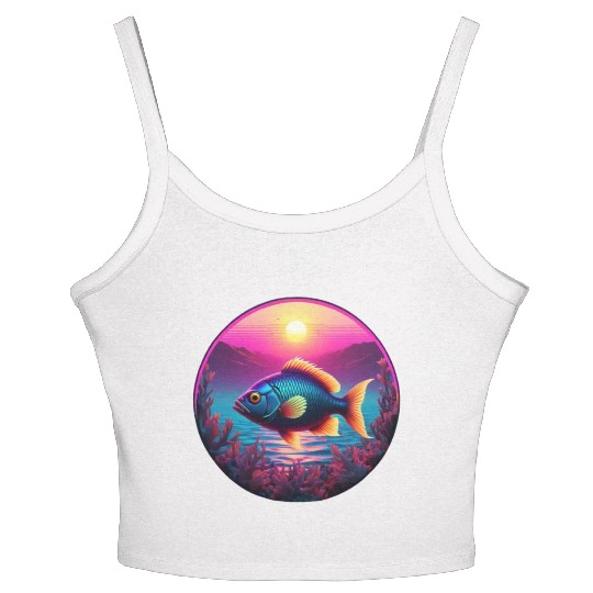 Synthwave Fish and Coral and a Sunset and Ocean Women's Spaghetti Strap Tank Top