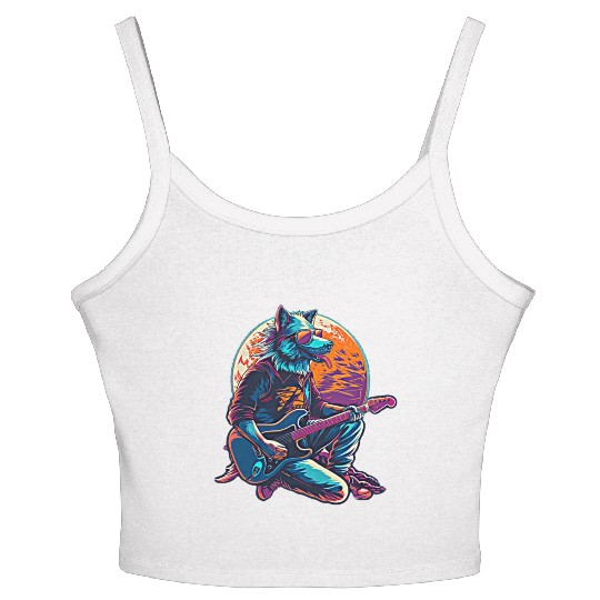 Blue Wolf Moon Guitar Player Retro Sunglasses Women's Spaghetti Strap Tank Top