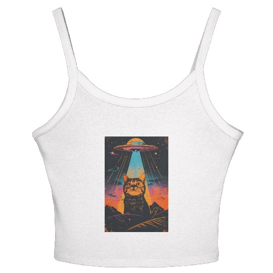 Catzilla Vintage Funny Cute Cat Art Alien and Cat Women's Spaghetti Strap Tank Top