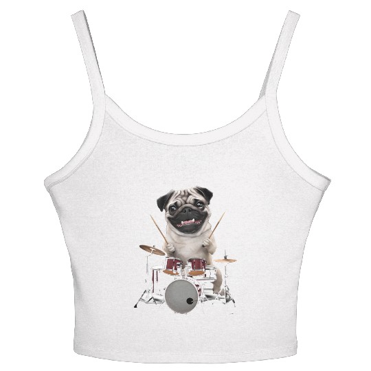 Pug Playing Drums Realistic Women's Spaghetti Strap Tank Top