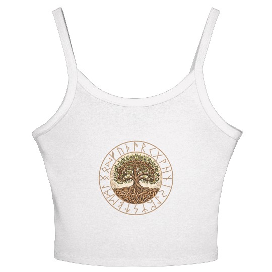 Viking runes tree of Life round frame celtic Women's Spaghetti Strap Tank Top