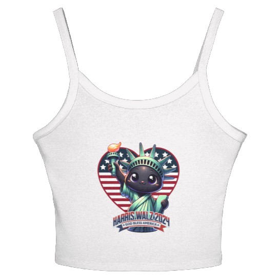 Cute Cat as Statue of Liberty with Harris Walz Women's Spaghetti Strap Tank Top