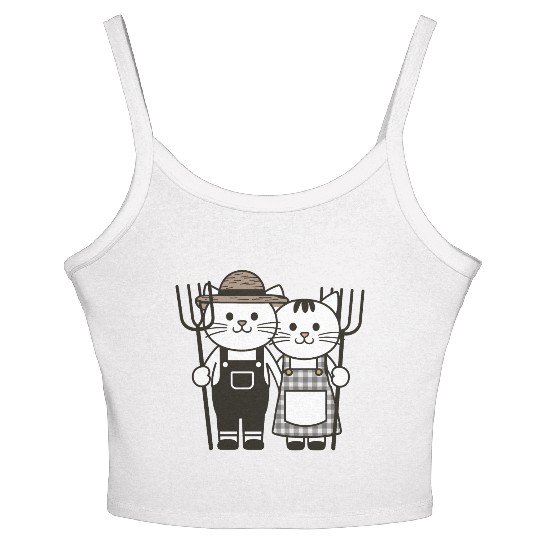 Farmer Cats Wearing Overalls and Gingham Dress Women's Spaghetti Strap Tank Top