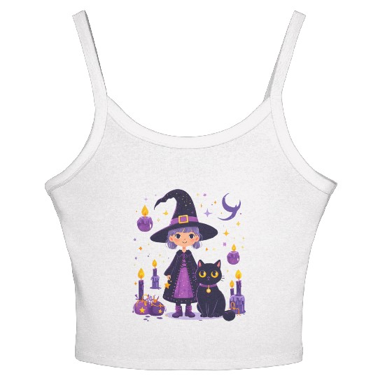 witch cat candles Halloween decor Women's Spaghetti Strap Tank Top