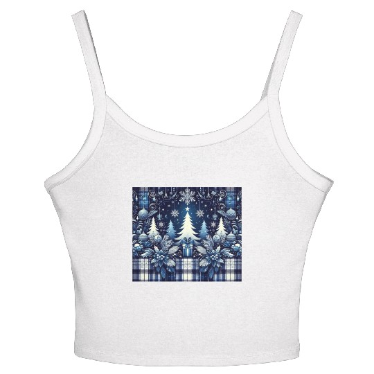blue and white flannel christmas trees holiday Women's Spaghetti Strap Tank Top