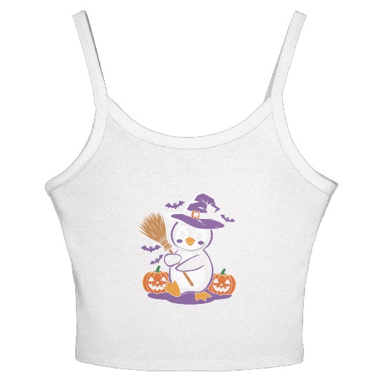 Cute Penguin Halloween Witch with Pumpkins and Women's Spaghetti Strap Tank Top