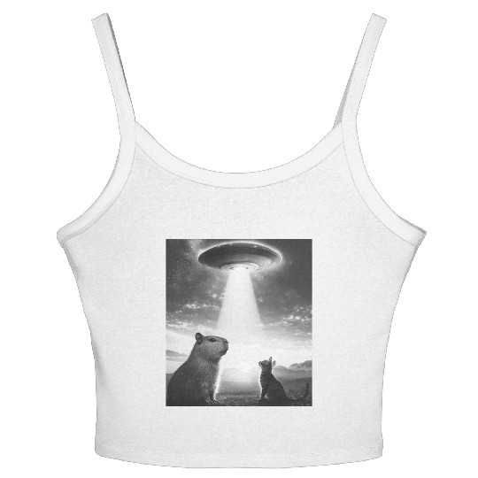 Funny Graphic Capybara Selfie With Ufos Weird Women's Spaghetti Strap Tank Top