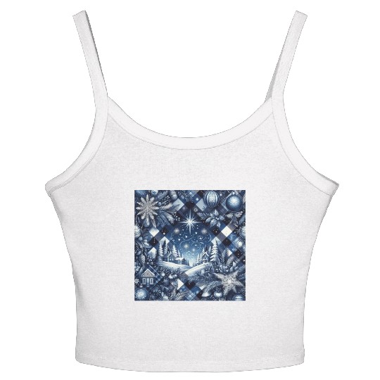 flannel blue and white christmas Women's Spaghetti Strap Tank Top