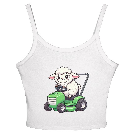 Funny sheep lawn mower farmer lamb grass Women's Spaghetti Strap Tank Top