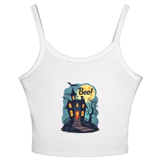 spooky haunted house with a black cat sitting Women's Spaghetti Strap Tank Top