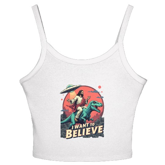 Jesus Riding a Dinosaur with UFO - I Want to Belie Women's Spaghetti Strap Tank Top