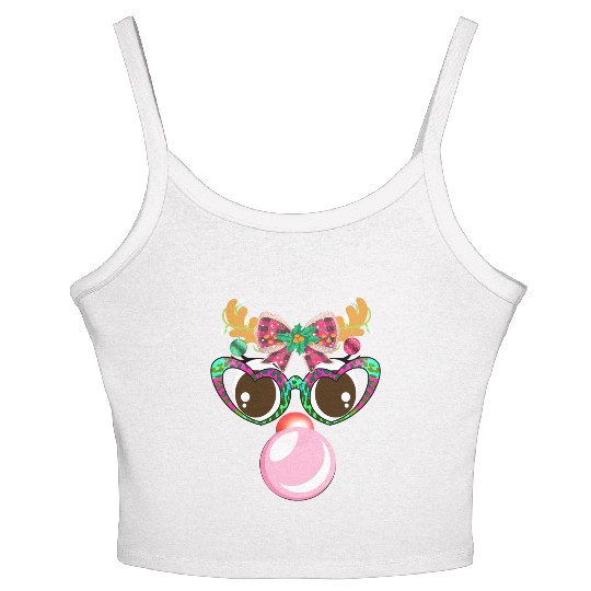 Reindeer face Blowing Bubble coquette bow Xmas Women's Spaghetti Strap Tank Top