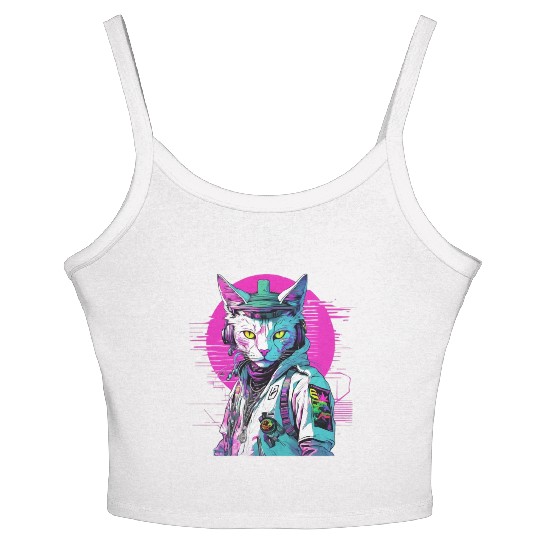 Neon Cyberpunk Warrior Cat Women's Spaghetti Strap Tank Top