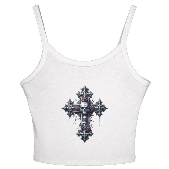 Gothic Cross Collection - Skulls and Red Roses Women's Spaghetti Strap Tank Top