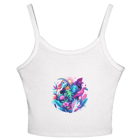 Neon Tropical Jungle at Night – Bright Pink Leaves Women's Spaghetti Strap Tank Top