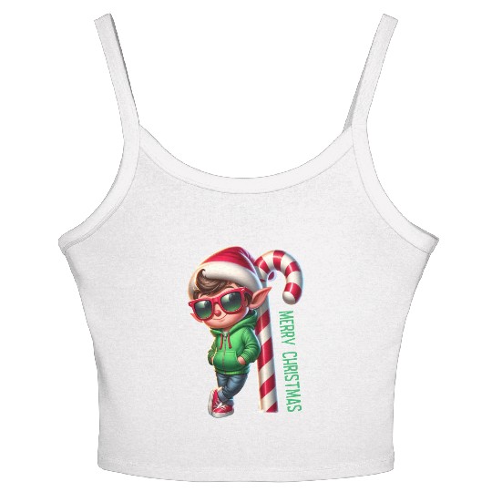 Merry Christmas Cool Elf with Candy Cane Vibes Women's Spaghetti Strap Tank Top