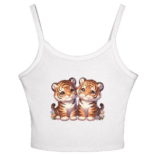 Adorable Twin Tiger Cubs Illustration with Flowers Women's Spaghetti Strap Tank Top