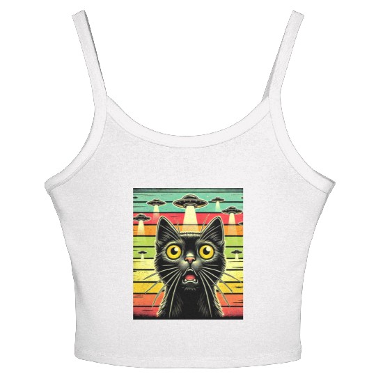Fun Cat sunset Galaxy Cat Spaceship Alien Cat UFOs Women's Spaghetti Strap Tank Top
