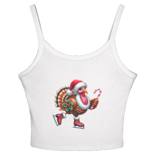 Turkey Ice Skating with Candy Cane and Santa Hat Women's Spaghetti Strap Tank Top