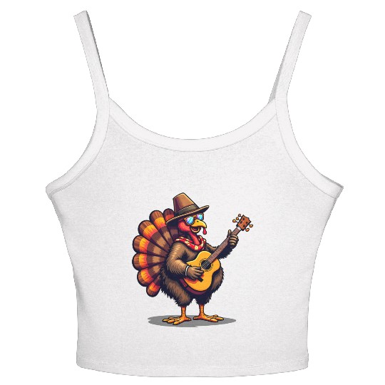 Funny Thanksgiving Turkey Guitar Player Music Women's Spaghetti Strap Tank Top