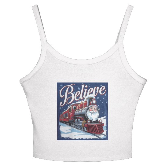 Believe Train North Pole Xmas Santa Claus Christma Women's Spaghetti Strap Tank Top