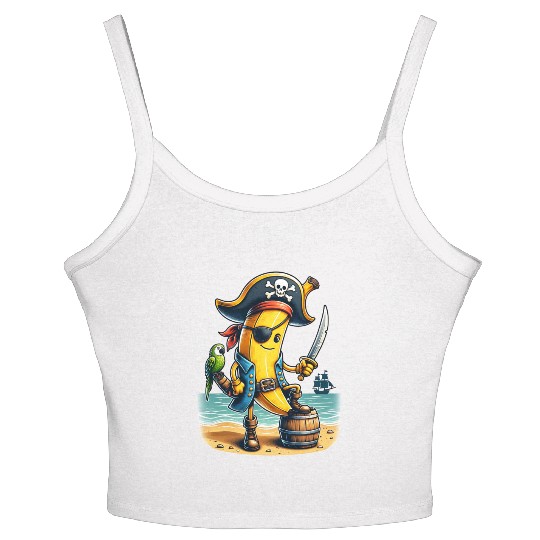 Pirate Banana Adventure Vibe on Tropical Beach Women's Spaghetti Strap Tank Top