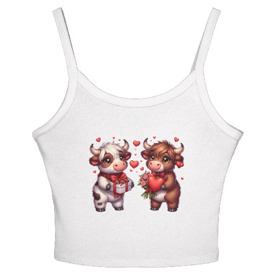 Cute cartoon valentines highland cow Women's Spaghetti Strap Tank Top