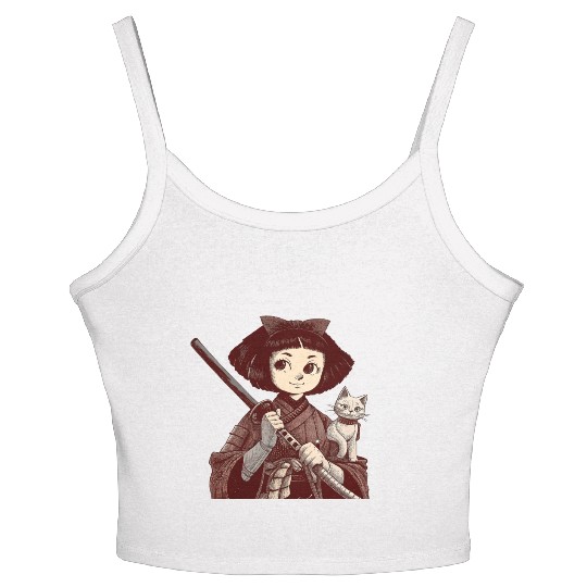 Chibi Samurai Warrior Cat Companion & Blossoms Women's Spaghetti Strap Tank Top