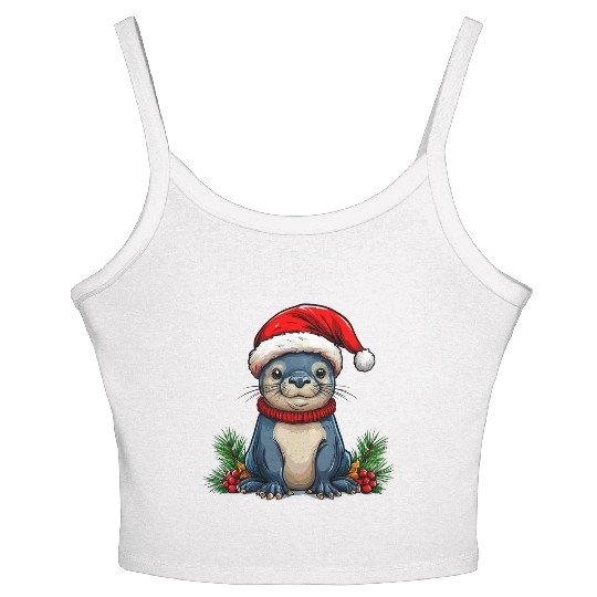 Festive Otter with Santa Hat Women's Spaghetti Strap Tank Top