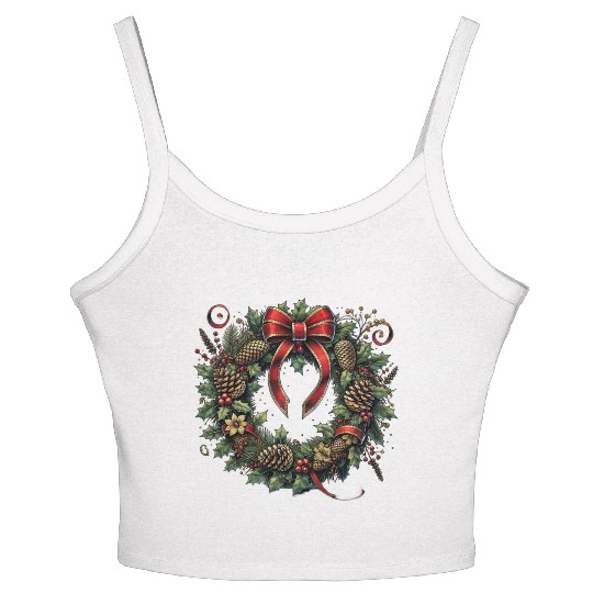 Rustic Christmas Wreath with Holly and Pine Cones Women's Spaghetti Strap Tank Top