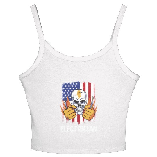 Electrician Skull with American Flag Background Women's Spaghetti Strap Tank Top