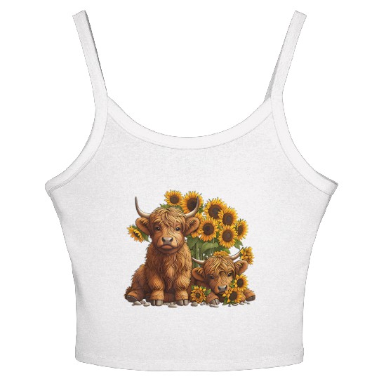 Cute Scottish Highland Cow Sunflower Farmer Women's Spaghetti Strap Tank Top