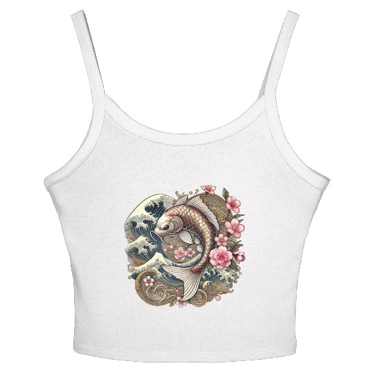 Elegant Koi Fish and Cherry Blossom Design Women's Spaghetti Strap Tank Top