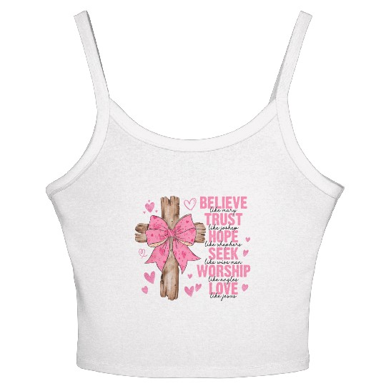 Coquette Bow Jesus Valentine Believe Like Mary Women's Spaghetti Strap Tank Top