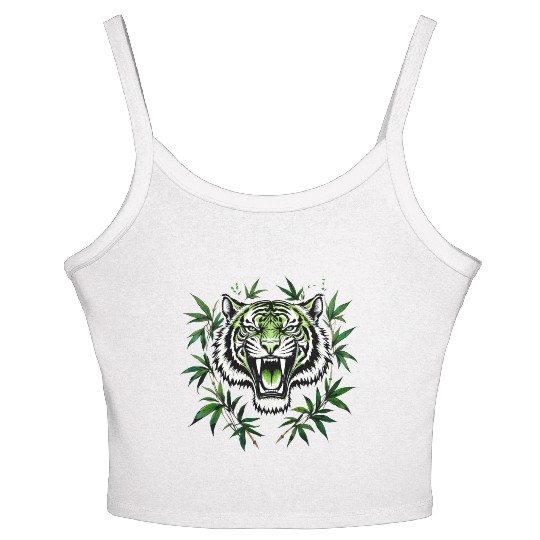 Fierce Green Tiger with Bamboo Branches Women's Spaghetti Strap Tank Top
