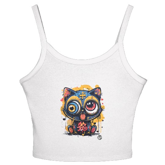 Psycho Lucky Cat – Glitch Meow Madness Women's Spaghetti Strap Tank Top