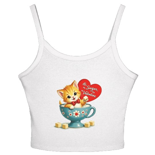 Hi Sugar Vintage Kitten Valentine s Day Card Women's Spaghetti Strap Tank Top