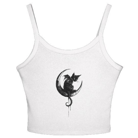 Cat With Bat Wings Sitting On Crescent Moon Goth Women's Spaghetti Strap Tank Top