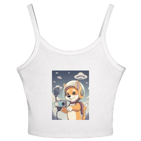 Funny Dog Rescue Anime Selfie with UFOs Weird Women's Spaghetti Strap Tank Top