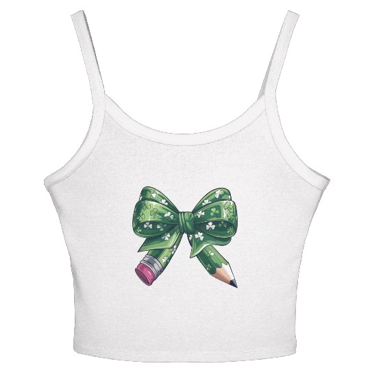 Lucky Clover Coquette Bow Pencil St Patrick's Day Women's Spaghetti Strap Tank Top