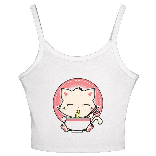 Cat Ramen Japanese Funny Graphic Tees Kawaii Women's Spaghetti Strap Tank Top