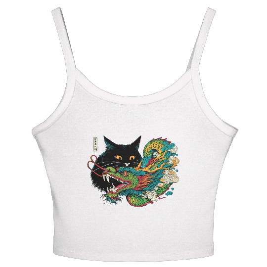 Ukiyo-e Black Cat Chinese Dragon Women's Spaghetti Strap Tank Top