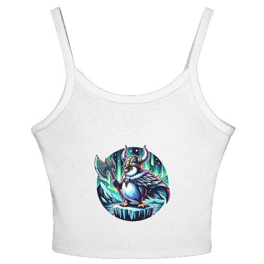 Viking Penguin with Axe Under Northern Lights Women's Spaghetti Strap Tank Top