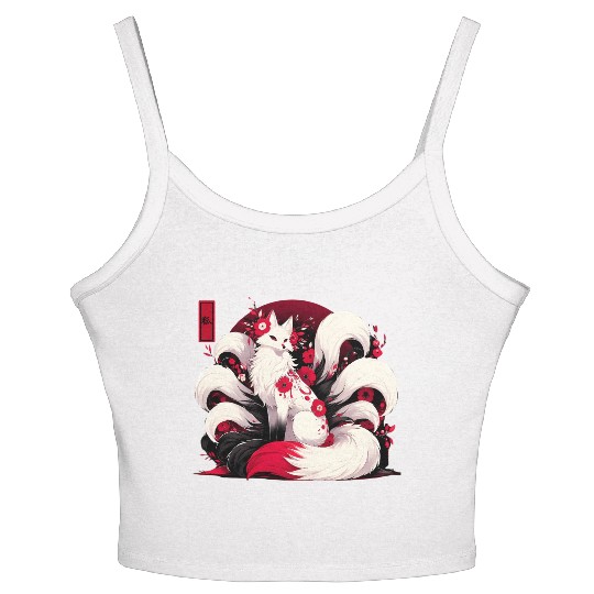 Kitsune Fox Red spider lily Flowers Japanese Nine Women's Spaghetti Strap Tank Top