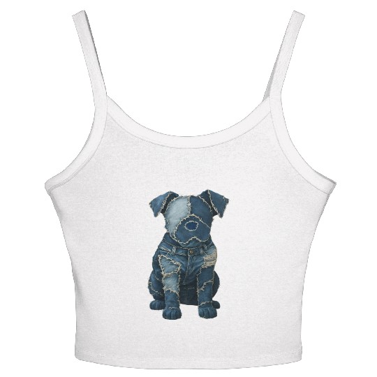 Cute Denim Patchwork Art Dog Women's Spaghetti Strap Tank Top