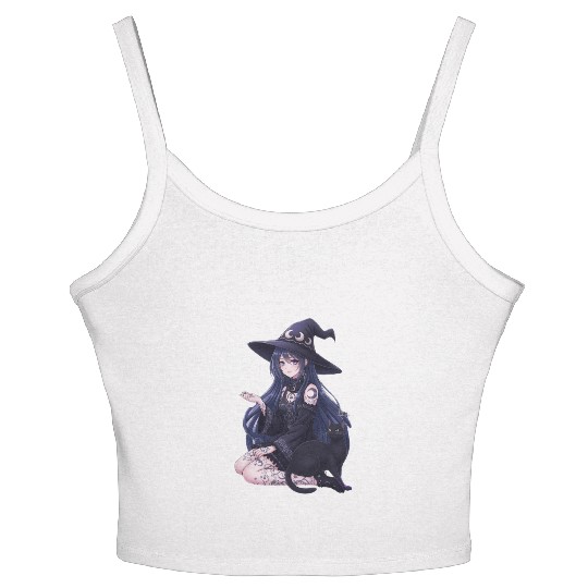 Dark Fantasy Anime Girl & Gothic Black Cat Art Women's Spaghetti Strap Tank Top