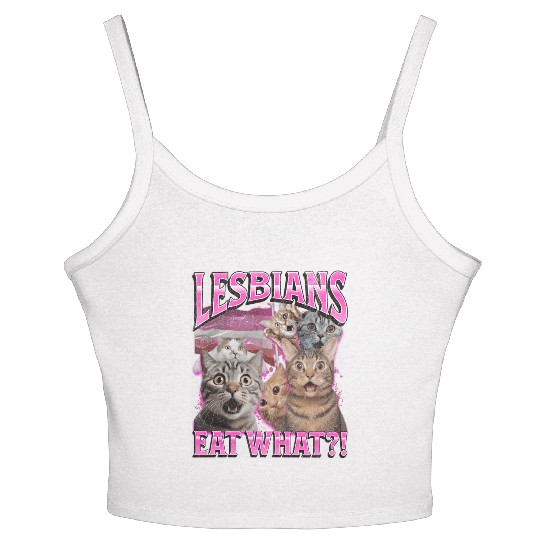 Lesbians Eat What Funny Cat Gay Pride LGBTQ Pun Women's Spaghetti Strap Tank Top