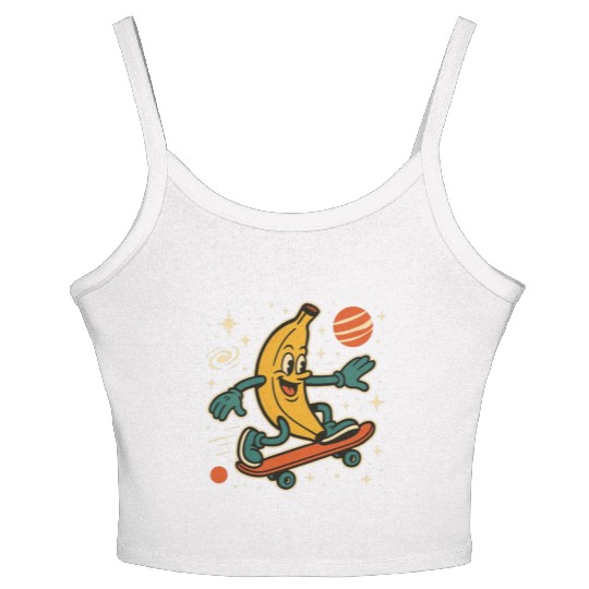 Playful Banana Skateboard Space Scene Women's Spaghetti Strap Tank Top