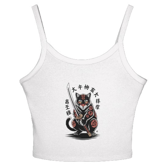 Mythical Japanese Warrior Cat Design Women's Spaghetti Strap Tank Top