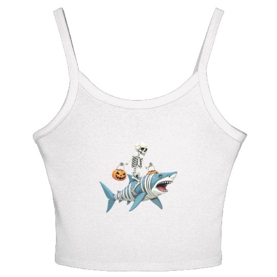 Skeleton Riding Shark Mummy Funny Halloween Women's Spaghetti Strap Tank Top
